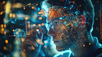 Man with glasses interface and digital network overlay