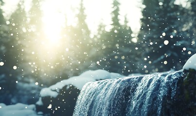 Poster - A stunning image of a frozen waterfall cascading over a rocky cliff in a wintry landscape.