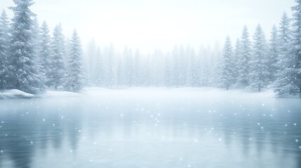 Poster - A serene frozen lake surrounded by snow-covered trees, perfect for winter landscapes and nature photography.