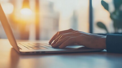 Poster - A business person typing on a MacBook, showcasing focused hands in a professional environment.