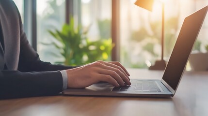 Poster - A focused businessperson's hands typing on a MacBook, representing productivity and technology in a corporate setting.