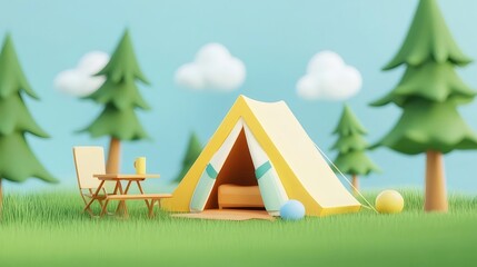 Wall Mural - Cartoon tent campsite, sunny forest, relaxation