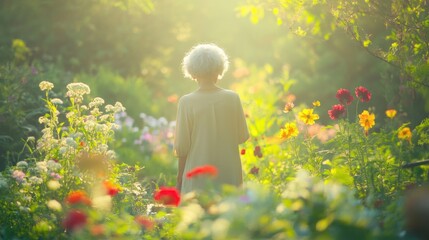 Leinwandbilder - Elderly person walks through a vibrant garden filled with blooming flowers in the soft glow of morning sunlight. Generative AI