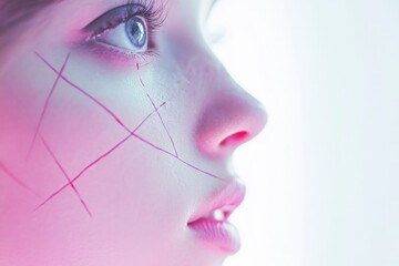 Poster - Close up view of a person with artistic facial markings against a soft glowing background. Generative AI