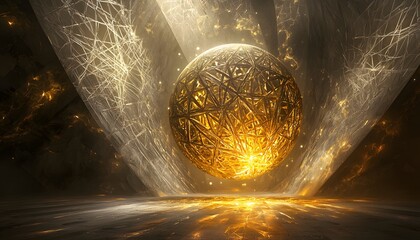 Leinwandbilder - A conceptual piece showing a levitating orb of glowing gold and silver, radiating intricate patterns of light into the surrounding void