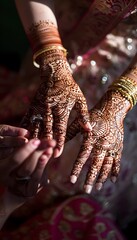 Aufkleber - A close-up of intricate henna designs being applied to a bride s hands, with soft natural light highlighting the details