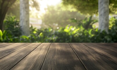 Aufkleber - A dark-stained wooden table in the foreground, ideal for interior design and decor themes.