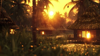 Poster - Low-angle shot of glowing traditional huts illuminated by golden hour light, cinematic cultural harmony