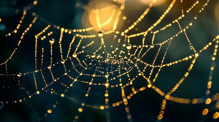 Poster - Close-up of glowing droplets of water on a spiderweb, illuminated by soft morning light, cinematic intricate detail