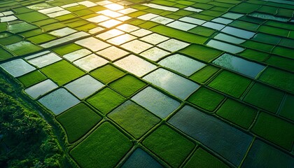 Poster - Aerial view of glowing rice paddies reflecting soft golden light, cinematic symmetrical natural beauty