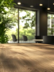 Poster - A modern wooden café table set in a cozy environment, perfect for contemporary interior design.