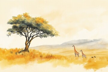 Poster - Giraffes grazing under a golden tree in a serene landscape at sunset. Generative AI