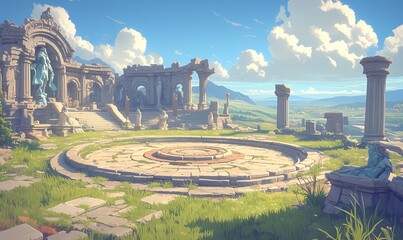 Wall Mural - An ancient battle arena with stone pillars and lush grass on a tranquil plain under a cloudy sky