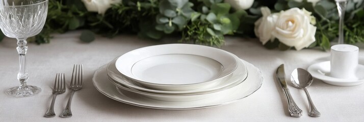 Aufkleber - Elegant dining table setting with white plates and floral centerpiece for a special occasion. Generative AI