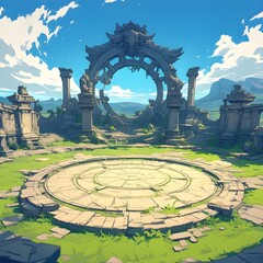 Wall Mural - An ancient battle arena with stone pillars and lush grass on a tranquil plain under a cloudy sky