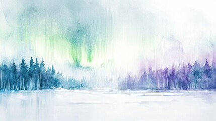 Poster - Northern lights illuminate a serene landscape with trees reflecting in a calm lake during twilight hours. Generative AI
