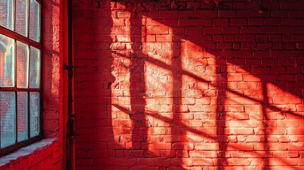 Wall Mural - Red Shadow Play on Brick Wall with Window Light and Textures