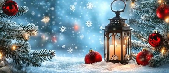 Wall Mural - a glowing lantern among red ornaments and snow-covered pine branches with falling snowflakes against