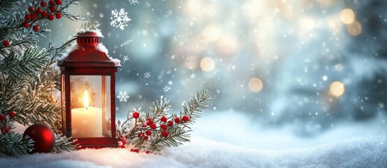 Wall Mural - a glowing red lantern among snowy pine branches, red berries, and ornaments with falling snowflakes 