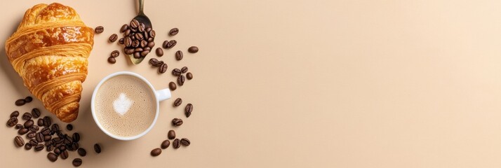 Aufkleber - Enjoying a warm croissant with coffee and roasted beans on a beige surface during a morning break. Generative AI