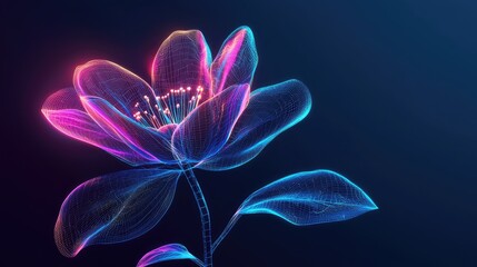 Digital wireframe flower glows with bright neon colors