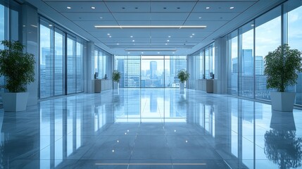 Wall Mural - Modern Office Interior with Cityscape View Through Glass Windows