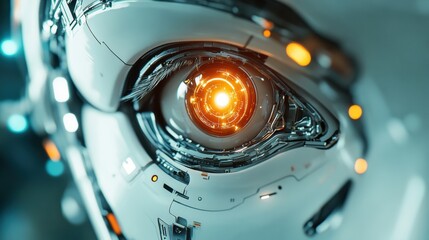 Aufkleber - Robotic eye glowing softly among intricate futuristic circuits in a high tech environment. Generative AI