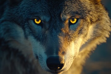 Poster - Enigmatic wolf with piercing golden eyes gazes intently in the twilight forest. Generative AI