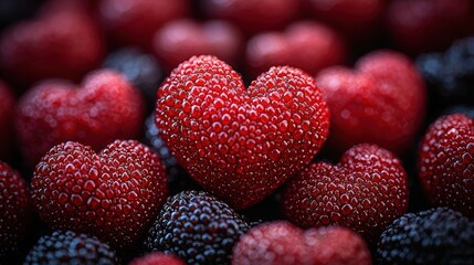 Wall Mural - A close-up of heart-shaped strawberries among dark berries, symbolizing love.