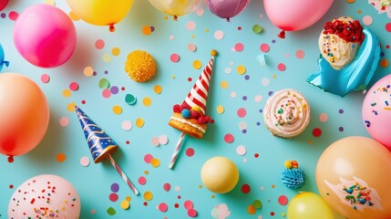 Poster - Celebration decorations featuring colorful balloons, party hats, delicious cakes, and confetti on a festive backdrop. Generative AI