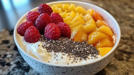 Wall Mural - A Colorful and Healthy Fruit and Yogurt Bowl with Chia Seeds and Raspberries