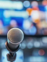 Leinwandbilder - Close up of a microphone in a studio setting during a live broadcast event with blurred background elements. Generative AI