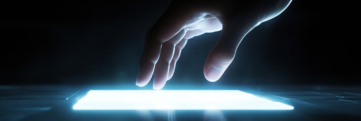 Leinwandbilder - Robotic hand engages with a luminous virtual button in a dark environment during a tech interaction. Generative AI
