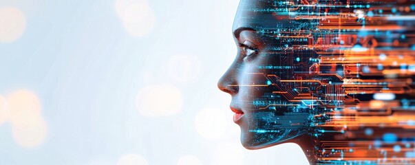 woman's profile merging with digital data streams. artificial intelligence concept. futuristic techn