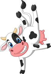 Wall Mural - illustration of a cartoon happy cow dancing upside down