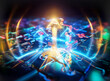 © joeycheung - Abstract futuristic structure with vibrant yellow and blue lights on a circuit backdrop. It evokes advanced technology, energy, and digital networks.