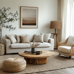 Wall Mural - Serene Living Room Interior: A minimalist living room design featuring a cozy couch, a circular coffee table, a wicker chair, and a potted plant, all set against a backdrop of a large framed artwork.