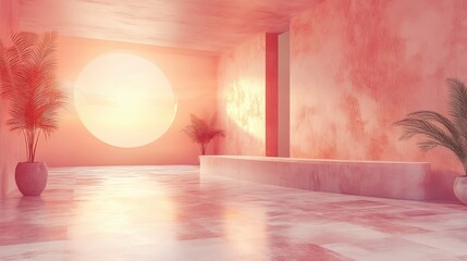 Poster - Serene Interior View with Soft Light and Colorful Walls at Sunset