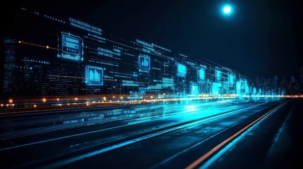 Futuristic Cityscape Data Stream Over Night Highway