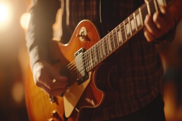 Fototapete - Performer plays electric guitar during a live music event at night with warm lighting and an enthusiastic audience. Generative AI