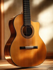 Poster - Acoustic guitar resting on wooden floor with warm sunlight illuminating its features. Generative AI