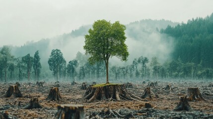 Poster - Lonely tree stands in deforested area surrounded by tree stumps and misty mountains. Generative AI