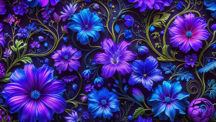 Hand painted seamless floral pattern with purple and blue flowers on dark background decorative textile and wallpaper design