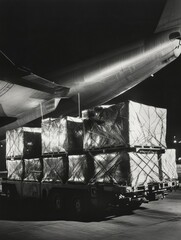 Aufkleber - Cargo being loaded onto an airplane at night in a busy airport setting with illuminated surroundings and machinery. Generative AI
