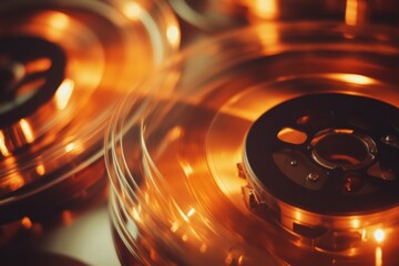 Poster - Close up view of vintage film reels and tape with room for creative text overlay. Generative AI