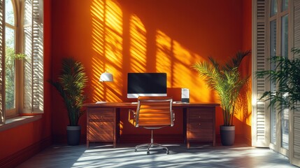 Poster - Bright and Modern Home Office with Orange Walls and Desk Setup