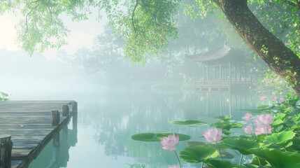 Wall Mural - Serene Lakeside Retreat in a Japanese Landscape with Misty Atmosphere