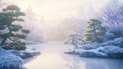 Wall Mural - Serene Japanese Garden Scene with Mist and Snow