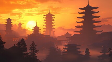 Wall Mural - Futuristic Golden Skyline with Pagodas at Sunset in the Horizon