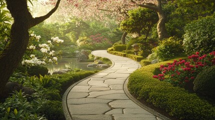 Wall Mural - Serene Path Through a Japanese Garden Surrounded by Blossoming Flora